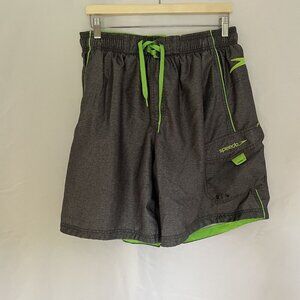 Speedo L/G Swim Trunks Gray & Green Drawstring Elastic Waist Cargo Pocket men's